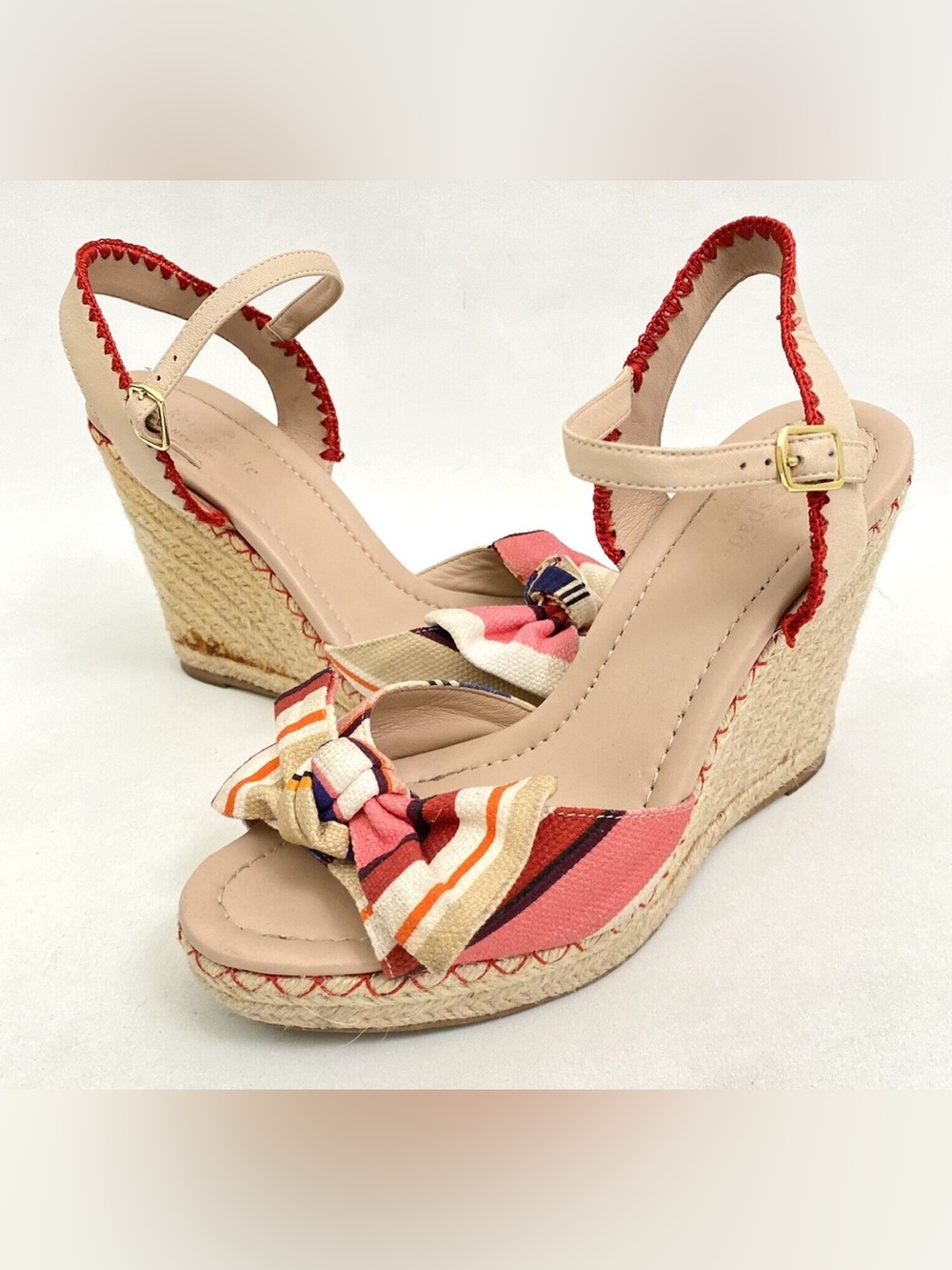 ♠️ kate spade Striped Bow Ankle-Strap Wedge Heels in Beige, Red, Orange, Purple